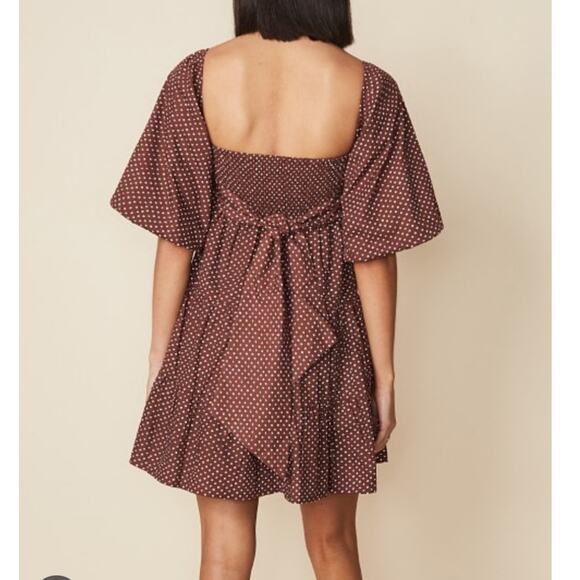 Faithfull the Brand Eryn Mini Dress Brown & White Polka Dot Puff Sleeve Sz 4 - Picture 12 of 12